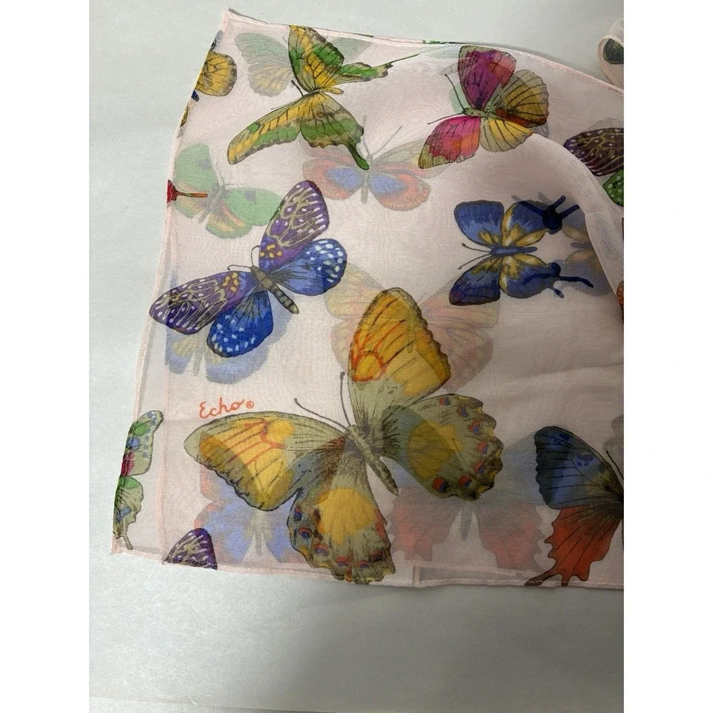 echo silk rectangle scarf Butterfly Lightweight White Background Colorful